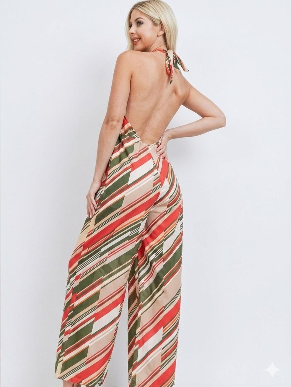 PEACH LOVE CALIFORNIA Striped Halter Palazzo Pants Jumpsuit in Olive & Rust - Picture 5 of 11